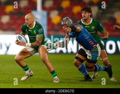 BRENTFORD, ENGLAND - NOVEMBER 29: Billy Meakes von London Irish während der Gallagher Premiership zwischen London Irish und Leicester Tigers im Brentford Community Stadium, Brentford, UK am 29. November 2020 Stockfoto