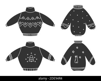 Niedliche hässliche Weihnachtspullover Glyphe schwarz Set. Gestrickte Winterkleidung. Pullover mit Ornament und Hirsch. Traditioneller Weihnachtspullover, lustige Weihnachtsdrucke. Hygge Zeit. Isoliert auf weißer Vektorgrafik Stock Vektor