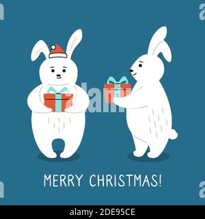 Grußkarte Weihnachtskarte, Kaninchen mit Geschenkbox. Haie im Weihnachtsmann Hut. Hand gezeichnet lustige Cartoon weihnachten Charakter. Frohes neues Jahr, Frohe Weihnachten. Tiervektor Stock Vektor