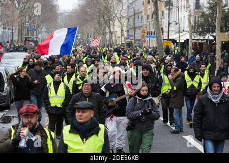 General View mit französischer Flagge Gelbwesten Demonstranten (Gilets Jaunes) in Paris am 2. Februar 2019 am Rande eines marsches aufgerufen, friedlich gegen Polizeigewalt gegen die Teilnehmer der letzten drei Monate Demonstrationen in Frankreich zu protestieren, als Gelbwesten Demonstranten (Gilets Jaunes) Gehen Sie am 12. Samstag in Folge auf die Straße. Die Bewegung der Gelben Weste (Gilets Jaunes) in Frankreich begann ursprünglich als Protest gegen geplante Treibstofferhöhungen, hat sich aber in einen Massenprotest gegen die Politik der Präsidenten und den Regierungsstil von oben nach unten verwandelt. Foto von Raphael Lafargue/ABACAPRESS.COM Stockfoto