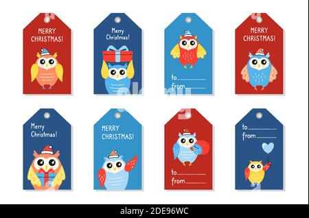 Weihnachten Tag set, Eule Cartoon Vogel. Papier-Label niedlichen Vektor Eulen. Handgezeichnete lustige Cartoon Vögel. Etikett mit Vorlage für die Kollektion für das neue Jahr. Frohes neues Jahr, frohe Weihnachten Stock Vektor