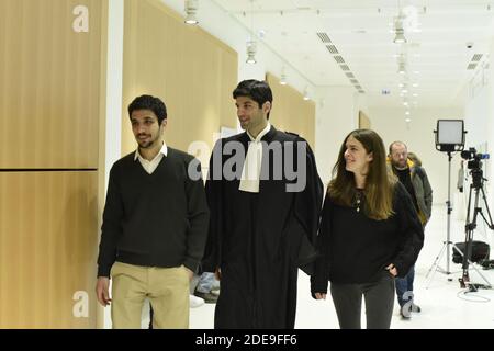Das Ehepaar Chloe P und Georgios D wurden von Alexandre Benalla während der Ereignisse am Place de la Contrescarpe am 1. Mai 2018 belästigt und verhaftet und vor dem Pariser Gericht wegen "Wurfgeschleus auf die Polizei" verurteilt. Sie wurden von ihrem Anwalt, Herrn Sahand Sabre, begleitet. Paris, Frankreich, 8. Februar 2019. Foto von Avenir Pictures/ABACAPRESS.COM Stockfoto
