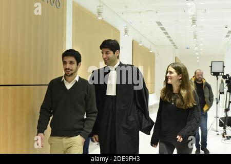 Das Ehepaar Chloe P und Georgios D wurden von Alexandre Benalla während der Ereignisse am Place de la Contrescarpe am 1. Mai 2018 belästigt und verhaftet und vor dem Pariser Gericht wegen "Wurfgeschleus auf die Polizei" verurteilt. Sie wurden von ihrem Anwalt, Herrn Sahand Sabre, begleitet. Paris, Frankreich, 8. Februar 2019. Foto von Avenir Pictures/ABACAPRESS.COM Stockfoto