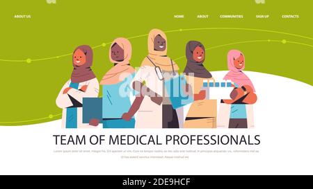 Team von arabischen medizinischen Fachkräften arabischen Frauen Ärzte in Uniform Gemeinsam stehen Medizin Gesundheitswesen Konzept horizontale Porträt Kopie Raum Vektor Abbildung Stock Vektor