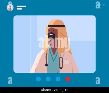 Männlich schwarz muslim Arzt im Web-Browser-Fenster mit virtuellen Konferenz Medizin Gesundheitswesen Online-Kommunikation Konzept horizontale Porträt Vektor Illustration Stock Vektor