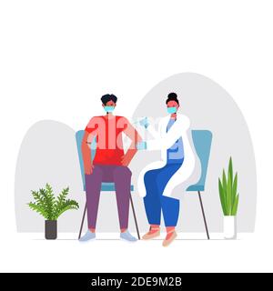 Ärztin in Maske impfen männlichen Patienten Kampf gegen Coronavirus Vektor-Illustration zur Entwicklung von Impfstoffen in voller Länge Stock Vektor