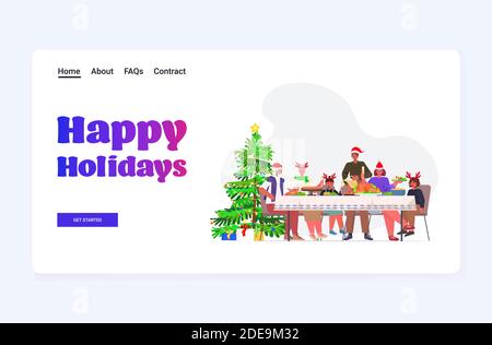 Multi Generation Familie in santa Hüte mit weihnachtsessen neu Jahr Winterferien Feier Konzept horizontale voller Länge Schriftzug Gruß Kartenvektordarstellung Stock Vektor