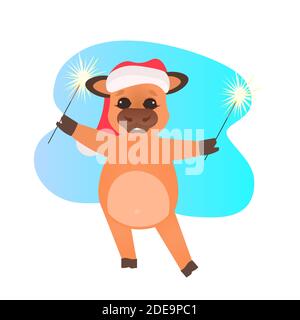 Kleine Ochse in santa Hut halten Wunderkerzen glückliches neues Jahr 2021 Grußkarte niedliche Kuh Maskottchen Cartoon Charakter voller Länge vektorgrafik Stock Vektor