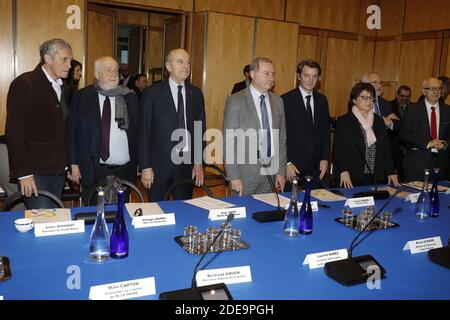 Philippe Saurel, Bürgermeister von Montpellier, Yvon Robert, Bürgermeister von Nancy Andre Rossinot, Bürgermeister von Toulouse Jean-Luc Moudenc, Bürgermeister von Bordeaux Alain Juppe, Bürgermeister von Troyes Francois Baroin, Während des Treffens mit den Bürgermeistern der großen Städte, die von den Demonstrationen der "gelben Westen" in den Büros des Finanzministeriums in Paris, Frankreich am 13. Februar 2019 betroffen waren. Hoto von Henri Szwarc/ABACAPRESS.COM Stockfoto