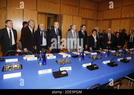 Philippe Saurel, Bürgermeister von Montpellier, Yvon Robert, Bürgermeister von Nancy Andre Rossinot, Bürgermeister von Toulouse Jean-Luc Moudenc, Bürgermeister von Bordeaux Alain Juppe, Bürgermeister von Troyes Francois Baroin, Während des Treffens mit den Bürgermeistern der großen Städte, die von den Demonstrationen der "gelben Westen" in den Büros des Finanzministeriums in Paris, Frankreich am 13. Februar 2019 betroffen waren. Hoto von Henri Szwarc/ABACAPRESS.COM Stockfoto