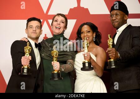 Rami Malek, Gewinnerin der Kategorie „Bester Darsteller“ für „Bohemian Rhapsody“; Olivia Colman, Gewinnerin der Kategorie „Beste Darstellerin“ für „The Favorite“; Regina King, Gewinnerin der Kategorie „Beste Nebendarstellerin“ für „If Beale Street Could Talk“; Und Mahershala Ali, Gewinner des besten Nebenschauers für "Green Book", posieren im Presseraum während der 91st Annual Academy Awards in Hollywood und Highland am 24. Februar 2019 in Los Angeles, CA, USA. Foto von Lionel Hahn/ABACAPRESS.COM Stockfoto