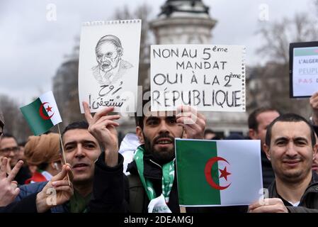 Kundgebung gegen die Entscheidung des maroden algerischen Präsidenten, am 3. März 2019 auf dem Place de la Republique in Paris eine fünfte Amtszeit zu beschließen. Die Bestätigung am 10. Februar, dass Algeriens Präsident Abdelaziz Bouteflika eine fünfte Amtszeit antreten würde, löste eine Reihe von Protesten im nordafrikanischen Land aus. Foto von Alain Apaydin/ABACAPRESS.COM Stockfoto