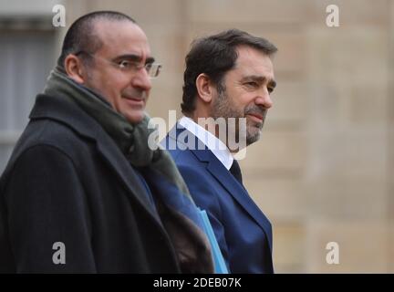 Christophe Castaner und Laurent Nunez verlassen nach der wöchentlichen Kabinettssitzung im Elysée-Palast in Paris am 6. März 2019. Foto von Christian Liewig/ABACAPRESS.COM Stockfoto