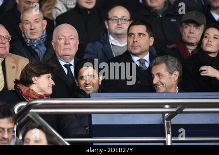 Roxana Maracineanu, Sportminister, PSG-Präsident Nasser Al-Khelaifi, der ehemalige französische Präsident Nicolas Sarkozy und Jean-Charles Naouri, CEO der Casino Group, nehmen am 06. März 2019 in Paris, Frankreich, an der UEFA Champions League Runde des 16 Second Leg Spiels zwischen Paris Saint-Germain (PSG) und Manchester United im Parc des Princes Teil. Foto von David Niviere/ABACAPRESS.COM Stockfoto