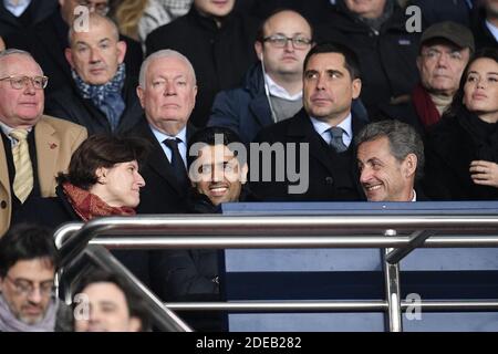 Roxana Maracineanu, Sportminister, PSG-Präsident Nasser Al-Khelaifi, der ehemalige französische Präsident Nicolas Sarkozy und Jean-Charles Naouri, CEO der Casino Group, nehmen am 06. März 2019 in Paris, Frankreich, an der UEFA Champions League Runde des 16 Second Leg Spiels zwischen Paris Saint-Germain (PSG) und Manchester United im Parc des Princes Teil. Foto von David Niviere/ABACAPRESS.COM Stockfoto