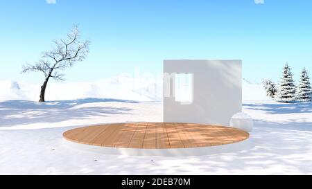 Leere Bühne Hintergrund Plattform im Schneefeld Winter Hintergrund, 3d-Rendering Stockfoto