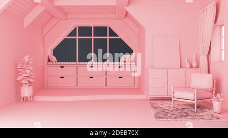 Pastellrosa monotone Konzept Wohnzimmer mit offenem Raum und Split-Level-Boden, 3d-Rendering Stockfoto