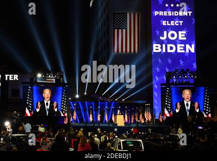 Wilmington, Usa. November 2020. Der designierte Präsident Joe Biden hält seine Siegesrede, nachdem er den republikanischen Präsidenten Donald Trump bei den Präsidentschaftswahlen 2020 in Wilmington, Delaware, am Samstag, den 7. November 2020 besiegt hat. Nach vier zusätzlichen Tagen der Stimmenauszählung zog Biden nach vorne und gewann mehrere Swing-Staaten mit einem knappen Vorsprung. Foto von Pat Benic/UPI Kredit: UPI/Alamy Live Nachrichten Stockfoto