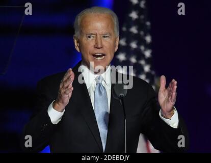 Wilmington, Usa. November 2020. Der designierte Präsident Joe Biden hält seine Siegesrede, nachdem er den republikanischen Präsidenten Donald Trump bei den Präsidentschaftswahlen 2020 in Wilmington, Delaware, am Samstag, den 7. November 2020 besiegt hat. Nach vier zusätzlichen Tagen der Stimmenauszählung zog Biden nach vorne und gewann mehrere Swing-Staaten mit einem knappen Vorsprung. Foto von Pat Benic/UPI Kredit: UPI/Alamy Live Nachrichten Stockfoto