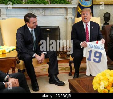 19. März 2019 - Washington, DC, USA: US-Präsident Donald J. Trump trifft sich mit dem brasilianischen Präsidenten Jair Bolsonoro im Weißen Haus. Foto von Chris Kleponis/Pool/ABACAPRESS.COM Stockfoto