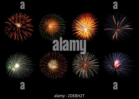 Set von verschiedenen schönen funkelnden lebendigen Feuerwerk für Feiertagsfeier Hintergrund Stockfoto
