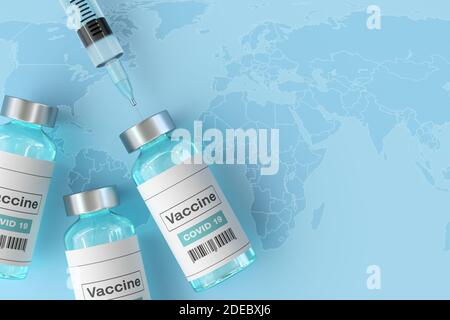 3d-Illustration des Coronavirus-Impfstoffs. Medizinisches Konzept Covid-19 Coronavirus-Impfung vor dem Hintergrund der Weltkarte. Stockfoto