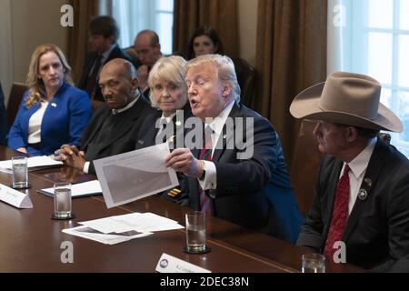 Chester County, Pa Sheriff Carolyn 'Bunny' Welsh (3. Links) nimmt an einer Diskussionsrunde über Grenzsicherheit und sichere Gemeinschaften Teil, die vom US-Präsidenten Donald J. Trump am 11. Januar 2019 im Weißen Haus in Washington, DC, veranstaltet wird. Der jetzt pensionierte Sheriff wurde mit Diebstahl und Umleitung von Dienstleistungen in einem angeblichen System, um Steuerzahler für Freiwilligenarbeit zugunsten einer K-9-Einheit in Chester County am 24. November 2020 in Rechnung gestellt. Foto von Chris Kleponis/Pool via CNP/ABACAPRESS.COM Stockfoto