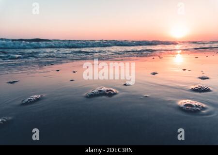 Blick auf das Meer und den Sonnenuntergang. Nahaufnahmen. Farbenfroher Sommerhintergrund. Stockfoto