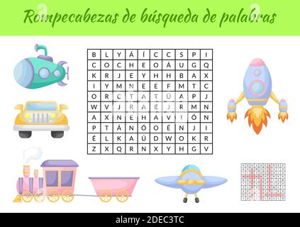 Rompecabezas de búsqueda de palabras - Wortsuche puzzle. Lernspiel für spanische Wörter lernen. Arbeitsblatt zur Aktivität „Kinder“ Stock Vektor