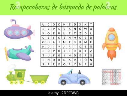 Rompecabezas de búsqueda de palabras - Wortsuche puzzle. Lernspiel für spanische Wörter lernen. Arbeitsblatt zur Aktivität „Kinder“ Stock Vektor