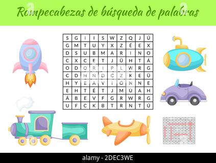 Rompecabezas de búsqueda de palabras - Wortsuche puzzle. Lernspiel für spanische Wörter lernen. Arbeitsblatt zur Aktivität „Kinder“ Stock Vektor