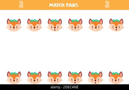 Spiel Paare von niedlichen Füchse Gesichter mit Emotionen. Pädagogische logische Spiel für Kinder. Stock Vektor