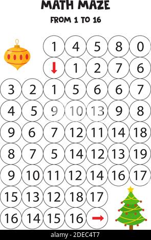 Math Labyrinth mit Weihnachtsbaum und Present Ball. Schulungsarbeitsblatt. Zählen Sie von 1 bis 16. Stock Vektor