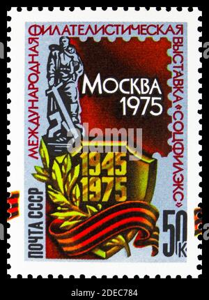 MOSKAU, RUSSLAND - 25. OKTOBER 2020: Briefmarke gedruckt in der Sowjetunion gewidmet der internationalen Briefmarkenausstellung 'Socphilex-75', Serie, um 1975 Stockfoto