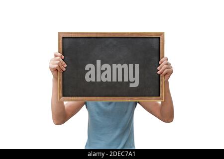 Mann Hand hält eine kleine Tafel isoliert auf weißem Hintergrund. Mit Clipping Pfad. Stockfoto