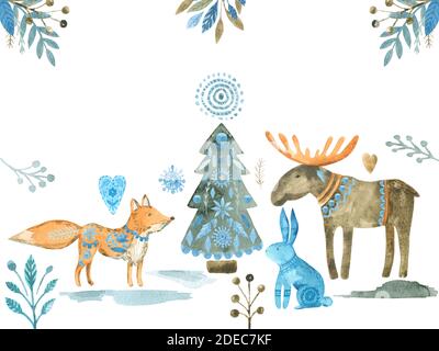 Folk Weihnachten Tiere Cliparts. Aquarell-Illustration einer nordischen Winter Elements Kollektion Stockfoto