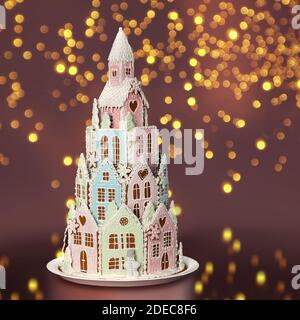 Winterprinzessburg aus Lebkuchengebäck mit weihnachtlicher Zucker-Verzierung, auf Bokeh-Lichtern Hintergrund Stockfoto