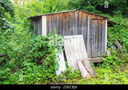 Alte Holzschuppen im Wald. Baustoffe im Vordergrund. Stockfoto