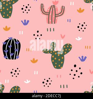 Cute Kakteen nahtlose Muster mit handgezeichneten Texturen in skandinavischen Stil isoliert auf rosa Hintergrund Vektor-Illustration für Design und Druck. Stock Vektor