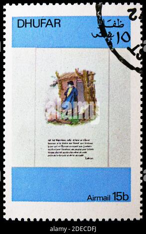 MOSKAU, RUSSLAND - 17. OKTOBER 2020: Briefmarke in Cinderellas zeigt Napoleons Geschichte, Dhufar Serie, um 1972 Stockfoto