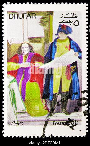 MOSKAU, RUSSLAND - 17. OKTOBER 2020: Briefmarke gedruckt in Cinderellas zeigt Napoleon Lesung, Dhufar Serie, um 1972 Stockfoto