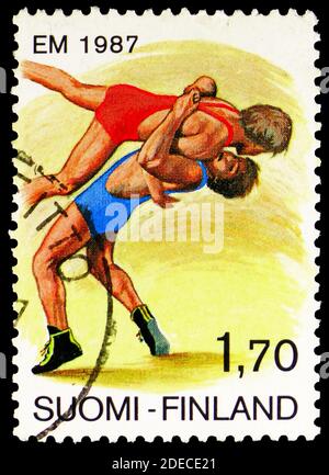 MOSKAU, RUSSLAND - 17. OKTOBER 2020: Die in Finnland gedruckte Briefmarke zeigt die Europameisterschaft im Wrestling, um 1987 Stockfoto