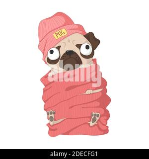 Niedlicher Mops-Hund mit Strickmütze und Schal. Vektor handgezeichnete Illustration im Cartoon-Stil. Isoliert auf weißem Hintergrund. Am besten für T-Shirt, Karte oder stic Stock Vektor