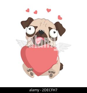 Alles Liebe zum Valentinstag. Cute Mops Hund umarmt rosa Herz. Hand Morgendämmerung Vektor Karikaturen Illustration. Isolation auf weißem Hintergrund. Am besten für T-Shirt-Design Stock Vektor