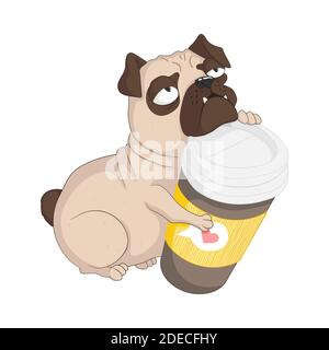 Niedlicher mürriger Moorhund mit einer Tasse Kaffee. Morgendliche Routine. Handgezeichnete Vektor-Illustration im Cartoons-Stil. Isoliert auf weißem Hintergrund. Am besten für Text Stock Vektor