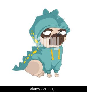 Niedlicher Pug Hund trägt lustige Dinosaurier Kostüm. Vektor handgezeichnete Karikaturen Illustration. Isoliert auf weißem Hintergrund. Ideal für Druck, Textil und Web d Stock Vektor