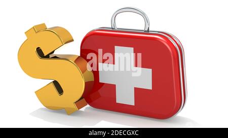 Erste-Hilfe-Kasten und goldenes Dollar-Zeichen, 3D-Rendering Stockfoto