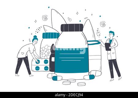 Gesundheitswesen, Medizin Kasse, Apotheke Konzept. Mann Frau Ärzte Apotheker Zeichen stehen in der Nähe von medizinischen Pillen und Flaschen in der Drogerie. Krankenhaus Klinik Personal Wahl Medikamente Illustration. Stock Vektor