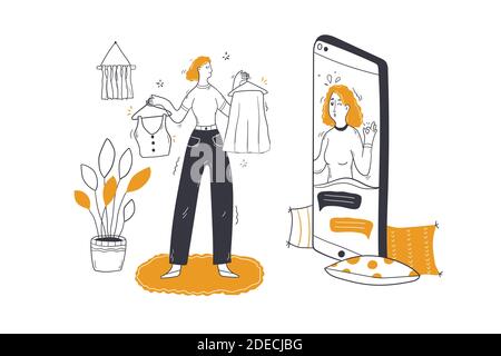 Beauty, Mode, Shopping Beratungskonzept. Frau persönliche Stylistin Cartoon Charakter Beratung Kunden online. Garderobe Parsing Wahl der Kleidung Outfit und Sortierung Kleidung Illustration. Stock Vektor