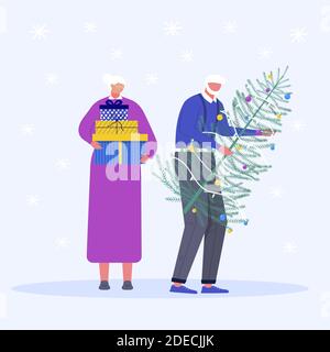 Set von weihnachten Familie. Erwachsene Menschen mit Weihnachtsgeschenk und Baum. Anwesend unter Baum und Schneeflocken Stock Vektor